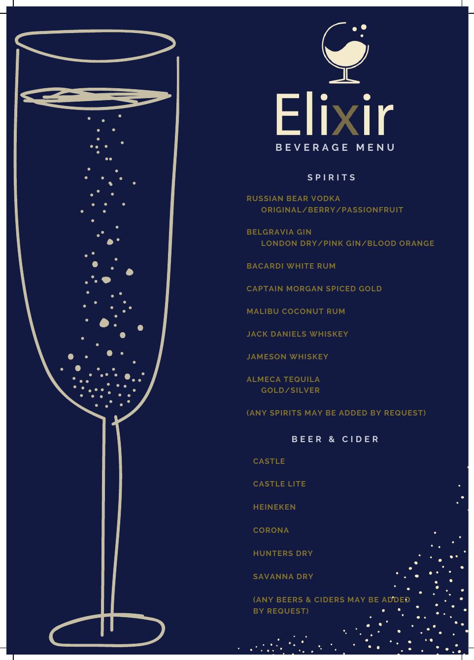 Elixir Mobile Bar beverage menu page 1 — spirits, beer and cider
