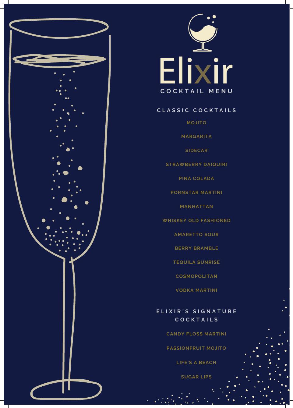 Elixir Mobile Bar cocktail menu