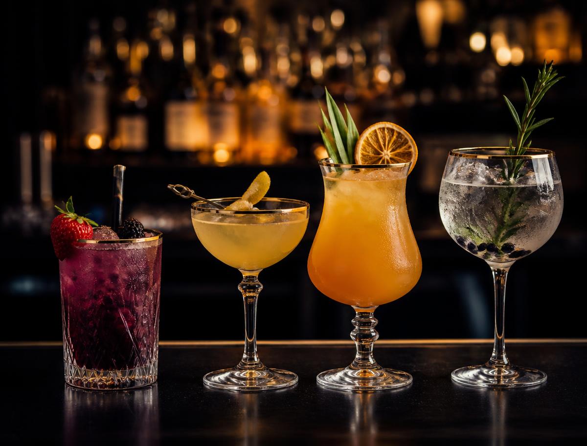 Row of signature Elixir cocktails lined up on a dark bar counter at an evening event