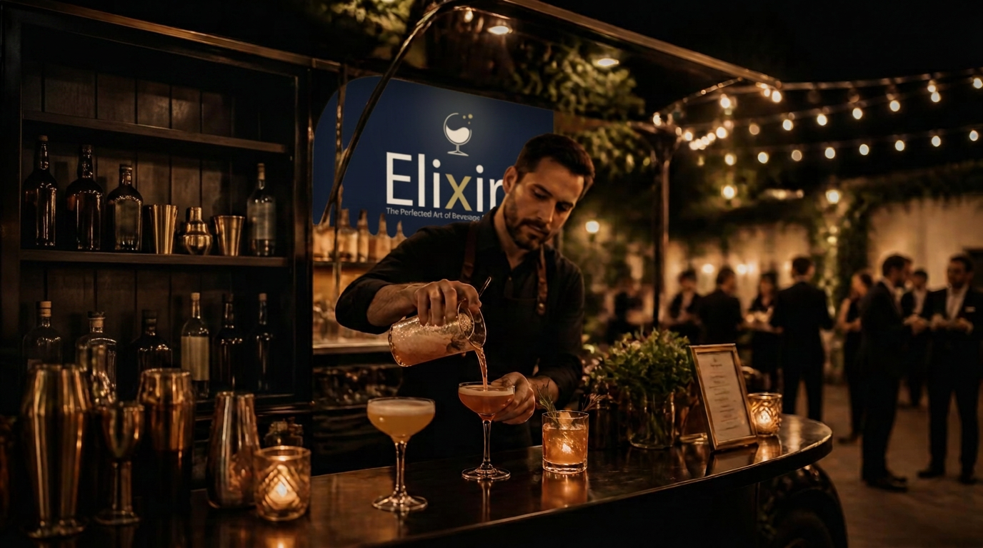 Elixir Mobile Bar serving craft cocktails at an evening event