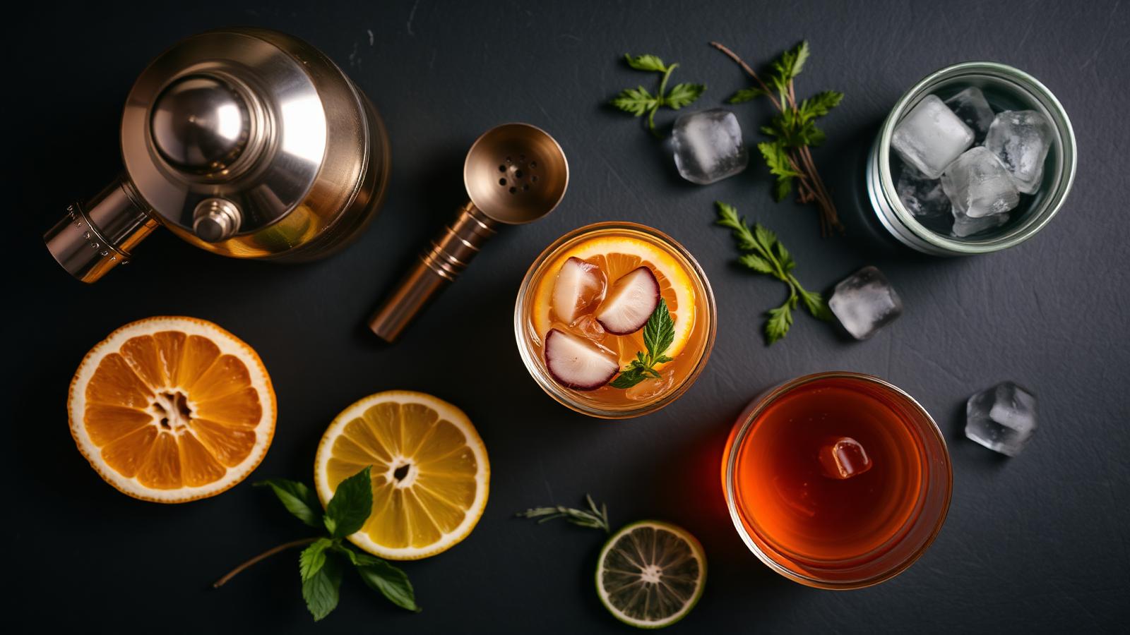 Cocktail ingredients, shaker and citrus laid out on a dark surface